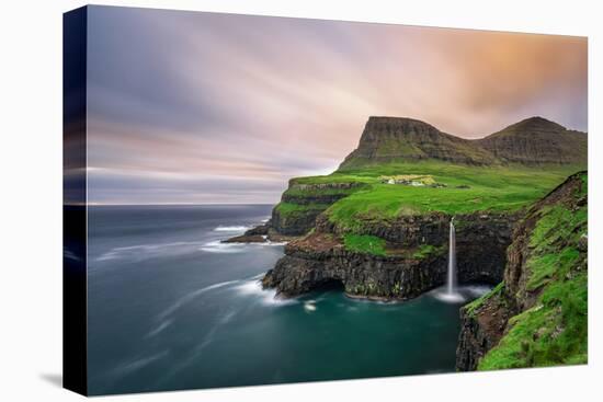 Gasadalur Village and its Iconic Waterfall, Vagar, Faroe Islands, Denmark. Long Exposure.-Nick Fox-Premier Image Canvas