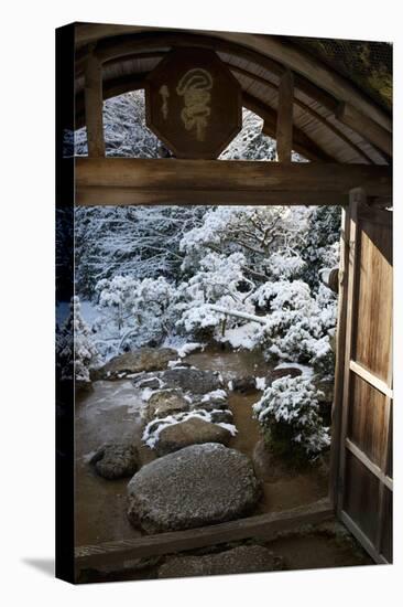 Gate on snowy Japanese garden, Okochi-sanso villa, Kyoto, Japan, Asia-Damien Douxchamps-Premier Image Canvas
