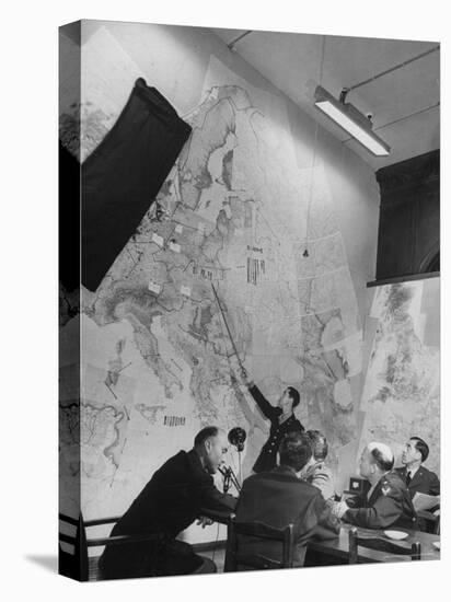 Gen. Eaken in Briefing Session by Intelligence Officer Lt. Parton, Uses Pointer on Huge Map-Margaret Bourke-White-Premier Image Canvas