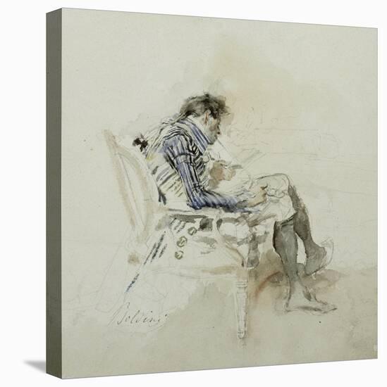 Gentleman Seated in an Armchair Reading a Book and Smoking a Pipe-Giovanni Boldini-Premier Image Canvas