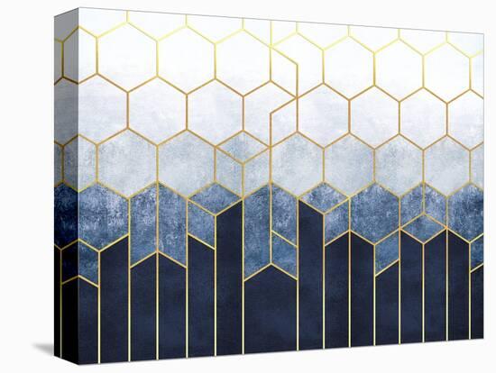 Geometric Abstraction of Hexagons on a Blue Relief Background with Gold Elements. Fresco for Interi-null-Stretched Canvas