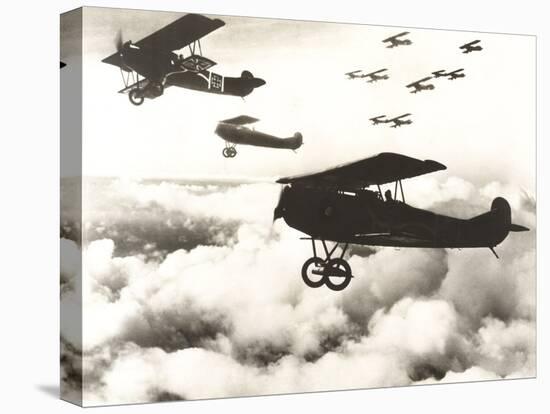 German Biplanes Flying Above the Clouds-null-Stretched Canvas