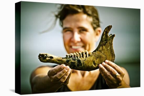 Germany, Schleswig-Holstein, Pellworm, Mud Flats, Wadden Sea, Woman, Finding, Jetsam, Showing-Ingo Boelter-Premier Image Canvas