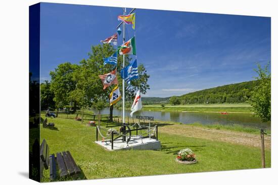 Germany, Weser Hills, Lower Saxony, Heinsen, Weser Shore, Flagstaff, Bench, Canoeist-Chris Seba-Premier Image Canvas