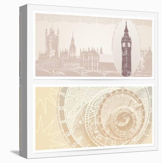 Gift Voucher (Coupon) Template with Guilloche Pattern (Watermarks) and Landmarks-Flame of life-Stretched Canvas