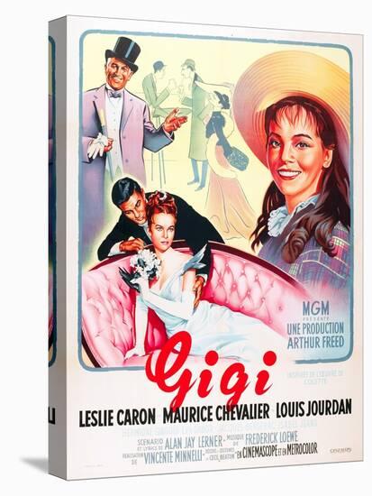 Gigi, Maurice Chevalier, Louis Jourdan, Leslie Caron on French poster art, 1958-null-Stretched Canvas