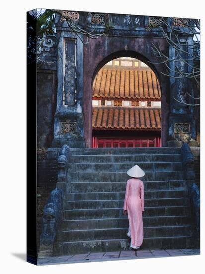 Girl in Ao Dai (Traditional Vietnamese Long Dress) and Conical Hat at Minh Mang Tomb, Vietnam-Keren Su-Premier Image Canvas