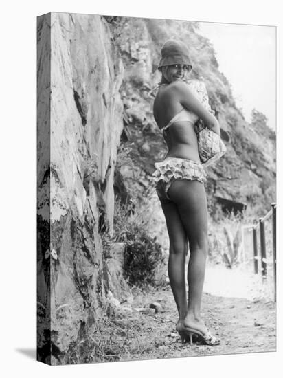 Girl in Bikini Walks Along a Cliff Path on a Fine Summer Day-null-Premier Image Canvas