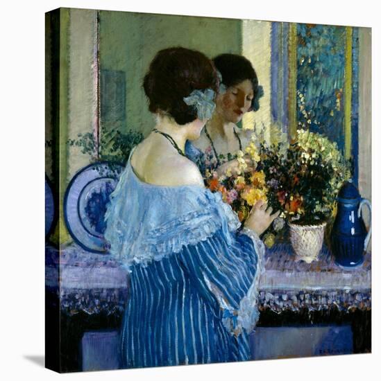 Girl in Blue Arranging Flowers (Oil on Canvas)-Frederick Carl Frieseke-Premier Image Canvas