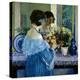 Girl in Blue Arranging Flowers (Oil on Canvas)-Frederick Carl Frieseke-Premier Image Canvas