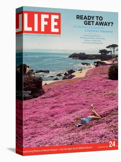 Girl Reading a Book on "Pink Magic Carpet" at Lovers Point Park, Pacific Grove, CA, June 24, 2005-Greg Miller-Premier Image Canvas