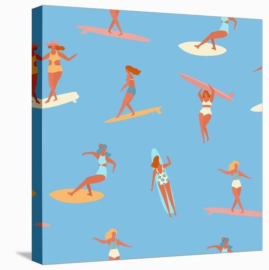 Girl Surfers in Bikinis - Blue Seamless Pattern-Tasiania-Stretched Canvas