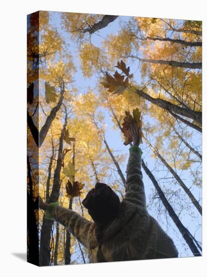 Girl Throws Leaves in the Air to Celebrate Autumn, Vashon Island, Washington State-Aaron McCoy-Premier Image Canvas