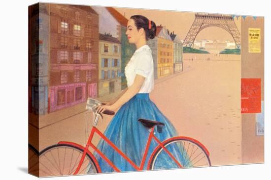 Girl with Bicycle in Front of Eiffel Tower-null-Stretched Canvas