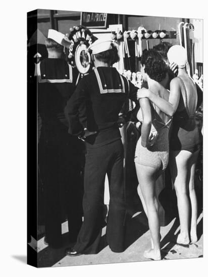 Girls in Bathing Suits Standing on Boardwalk with Sailors Who are on Leave-Peter Stackpole-Premier Image Canvas