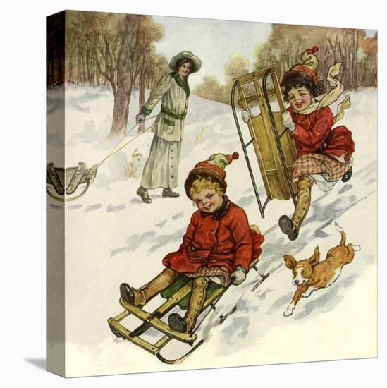 Girls Sledding with Dog-null-Premier Image Canvas