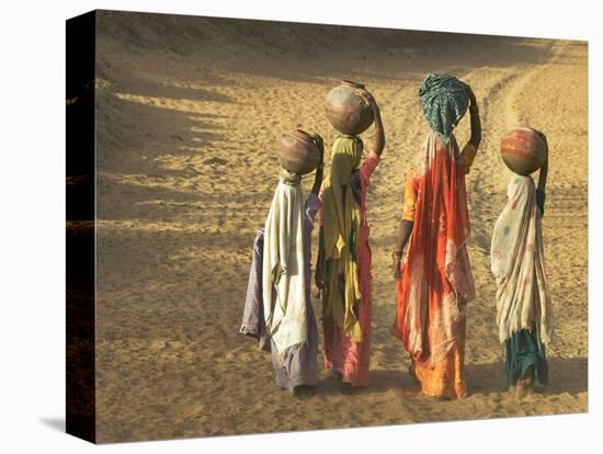 Girls Wearing Sari with Water Jars Walking in the Desert, Pushkar, Rajasthan, India-Keren Su-Premier Image Canvas