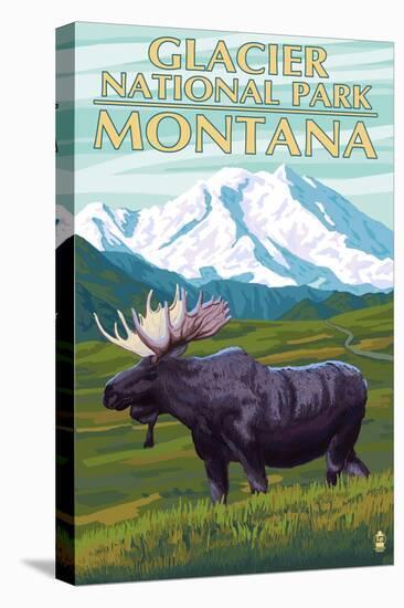 Glacier National Park, Montana - Moose and Mountain-Lantern Press-Stretched Canvas