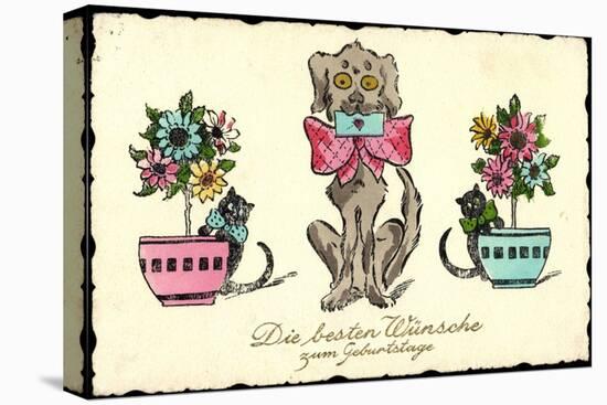 Glückwunsch Geburtstag, Hund Mit Brief, Katzen, Blumen-null-Premier Image Canvas