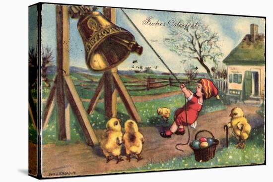 Glückwunsch Ostern, Junge Läutet Glocke, Küken, Eier-null-Premier Image Canvas