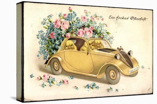 Glückwunsch Ostern, Küken in Einem Oldtimer, Blumen-null-Premier Image Canvas