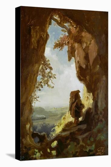 Gnom, von einer Höhle die erste Eisenbahn betrachtend-Carl Spitzweg-Premier Image Canvas