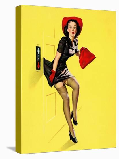 "Going Up" Retro Pin-Up Girl with Dress Caught in Elevator by Gil Elvgren-Piddix-Stretched Canvas