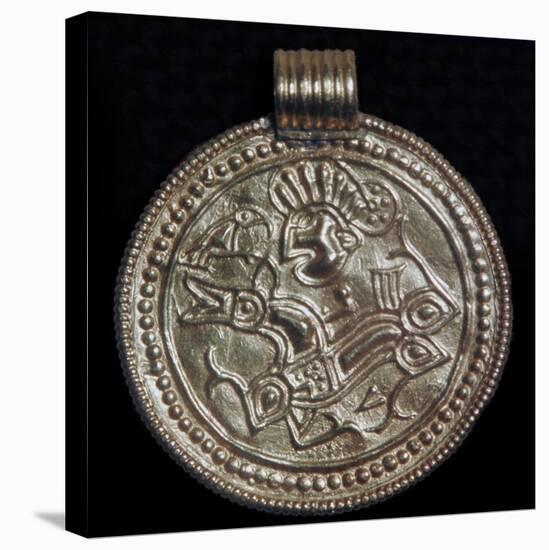 Gold bracteate from Sweden showing Odin and a raven. Artist: Unknown-Unknown-Premier Image Canvas