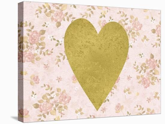Gold Heart on Pink Floral-Peach & Gold-Stretched Canvas