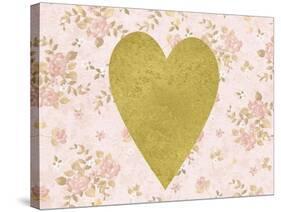 Gold Heart on Pink Floral-Peach & Gold-Stretched Canvas
