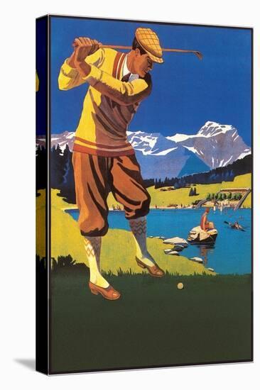 Golfer in Plus-Fours in Mountains-null-Stretched Canvas