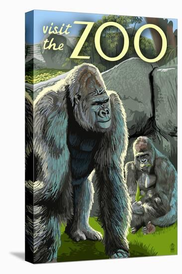 Gorillas in Forest - Visit the Zoo-Lantern Press-Stretched Canvas