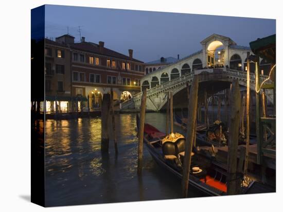 Grand Canal, Rialto Bridge at Night, Gondolas on Waterfront, Venice, Veneto, Italy-Christian Kober-Premier Image Canvas