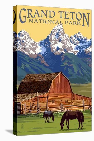 Grand Teton National Park - Barn and Mountains-Lantern Press-Stretched Canvas