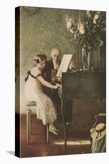 Grandfather Teaching Girl Pianoforte-null-Stretched Canvas