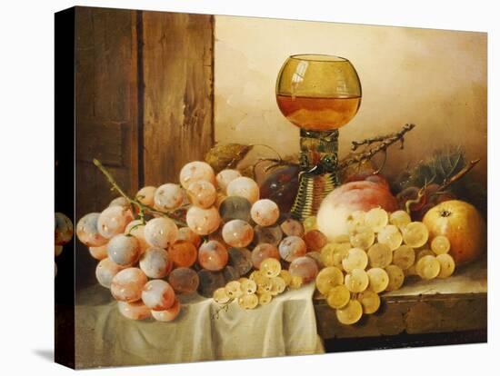 Grapes, Apple, Plums and Peach with Hock Glass on Draped Ledge-Edward Ladell-Premier Image Canvas
