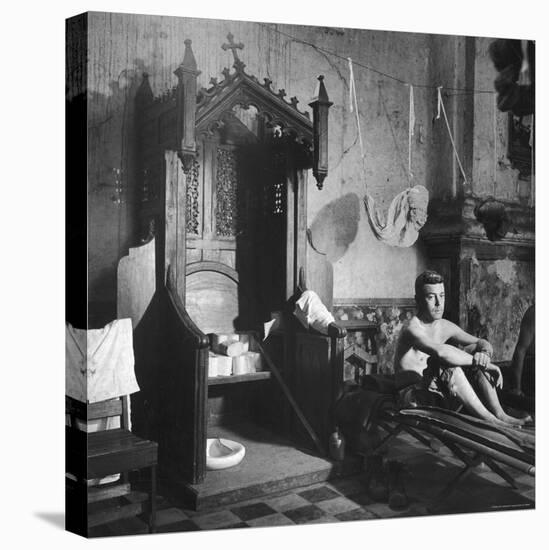 Grave Soldier on Cot Next to Ornate Confessional in Makeshift Hospital in Cens Cathedral-W^ Eugene Smith-Premier Image Canvas