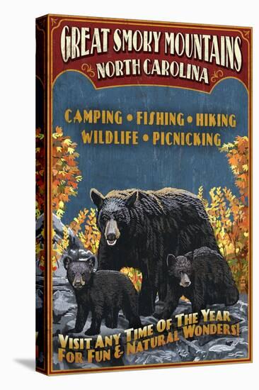 Great Smoky Mountains, North Carolina - Black Bears Vintage Sign-Lantern Press-Stretched Canvas