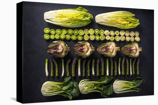 Green Vegetables Cut in Halves, Flat Lay Design on Dark Background, Symmetric-Marcin Jucha-Premier Image Canvas