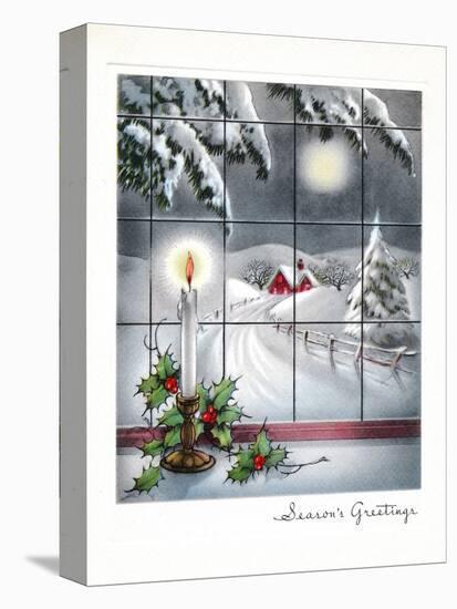Greeting Card - Candles Season's Greetings - Winter Scene with Candle in the Window-null-Stretched Canvas