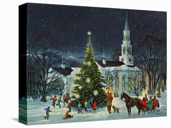 Greeting Card - White Church with Large Tree and People Surrounding-null-Stretched Canvas