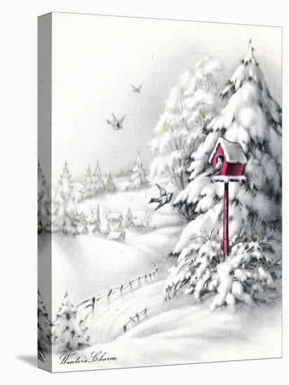 Greeting Card - Winter Scene with Red Birdhouse, National Museum of American History-null-Stretched Canvas