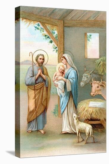 Greeting Cards, Holiday Madonna and Child in stable with Cows and Lamb-null-Stretched Canvas