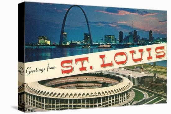 Greetings from St. Louis, Stadium, Arch-null-Stretched Canvas