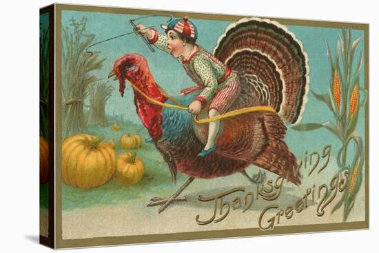 Greetings, Jockey Boy Riding Turkey-null-Stretched Canvas