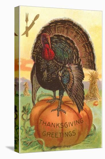 Greetings, Turkey on Pumpkin-null-Stretched Canvas