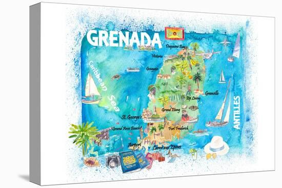 Grenada Antilles Illustrated Caribbean Travel Map with Highlights of West Indies Island Dream-M. Bleichner-Stretched Canvas