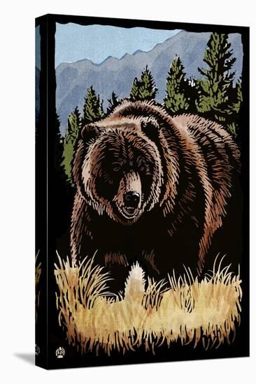 Grizzly Bear - Scratchboard-Lantern Press-Stretched Canvas
