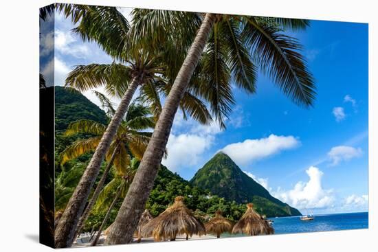 Gros Piton, with palm trees and thatched sun umbrellas, Sugar Beach, St. Lucia, Windward Islands, W-Martin Child-Premier Image Canvas