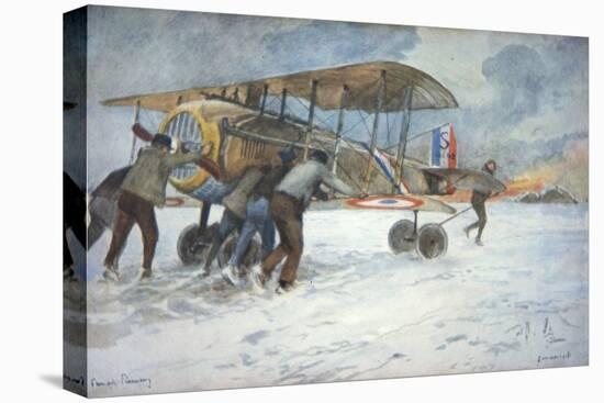 Ground Crew and Pilot Manhandle a French Spad Fighter Through the Snow to a Hangar, January 1918-Francois Flameng-Premier Image Canvas